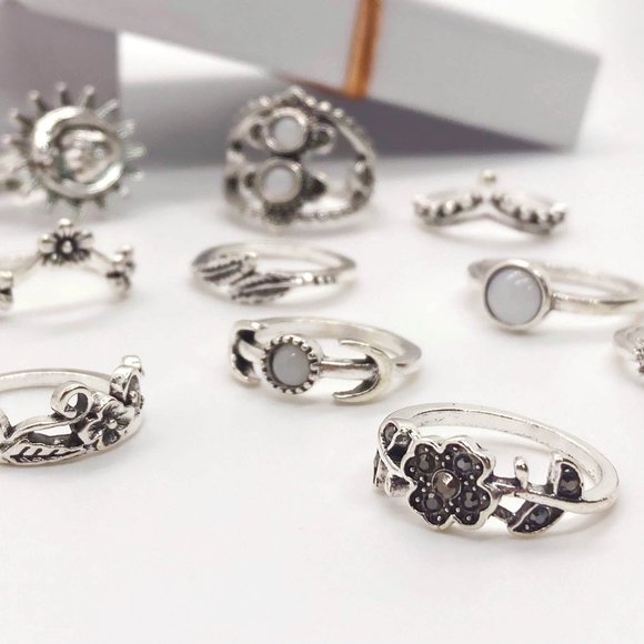 Boho Stacking Rings Set of 14 Vintage Bohemian Silver Ring Set - Picture 4 of 8